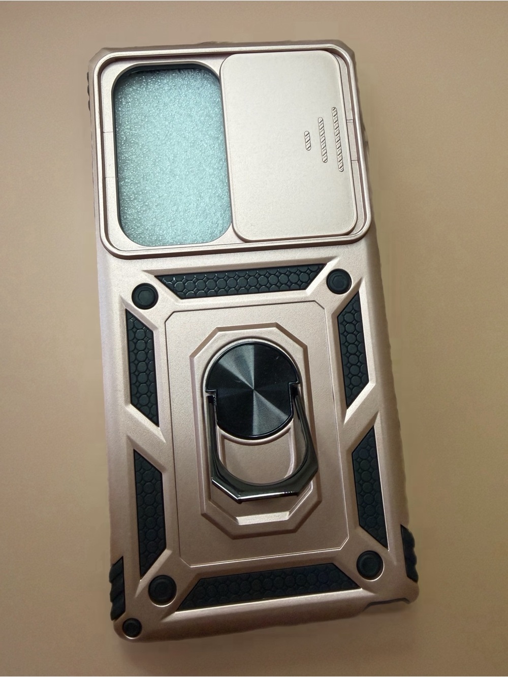Rose Gold Slide-Cover Phone Case with Black Accents & Ring   Samsung S25 Ultra